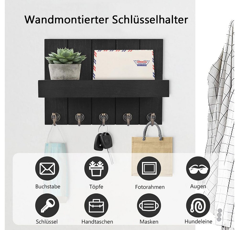 TUWENA Schlüsselbrett Schlüsselbrett mit Ablage, Dekoratives Holz Wandregal, mit 5 Haken, Wand Schlüsselboard für Eingangsbereich, Flur, Küche, Schlafzimmer – Bild 4 von 5