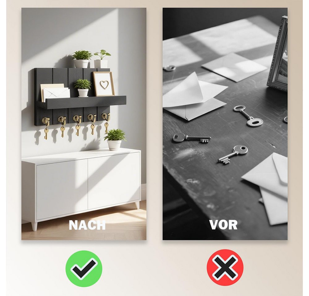 TUWENA Schlüsselbrett Schlüsselbrett mit Ablage, Dekoratives Holz Wandregal, mit 5 Haken, Wand Schlüsselboard für Eingangsbereich, Flur, Küche, Schlafzimmer – Bild 5 von 5