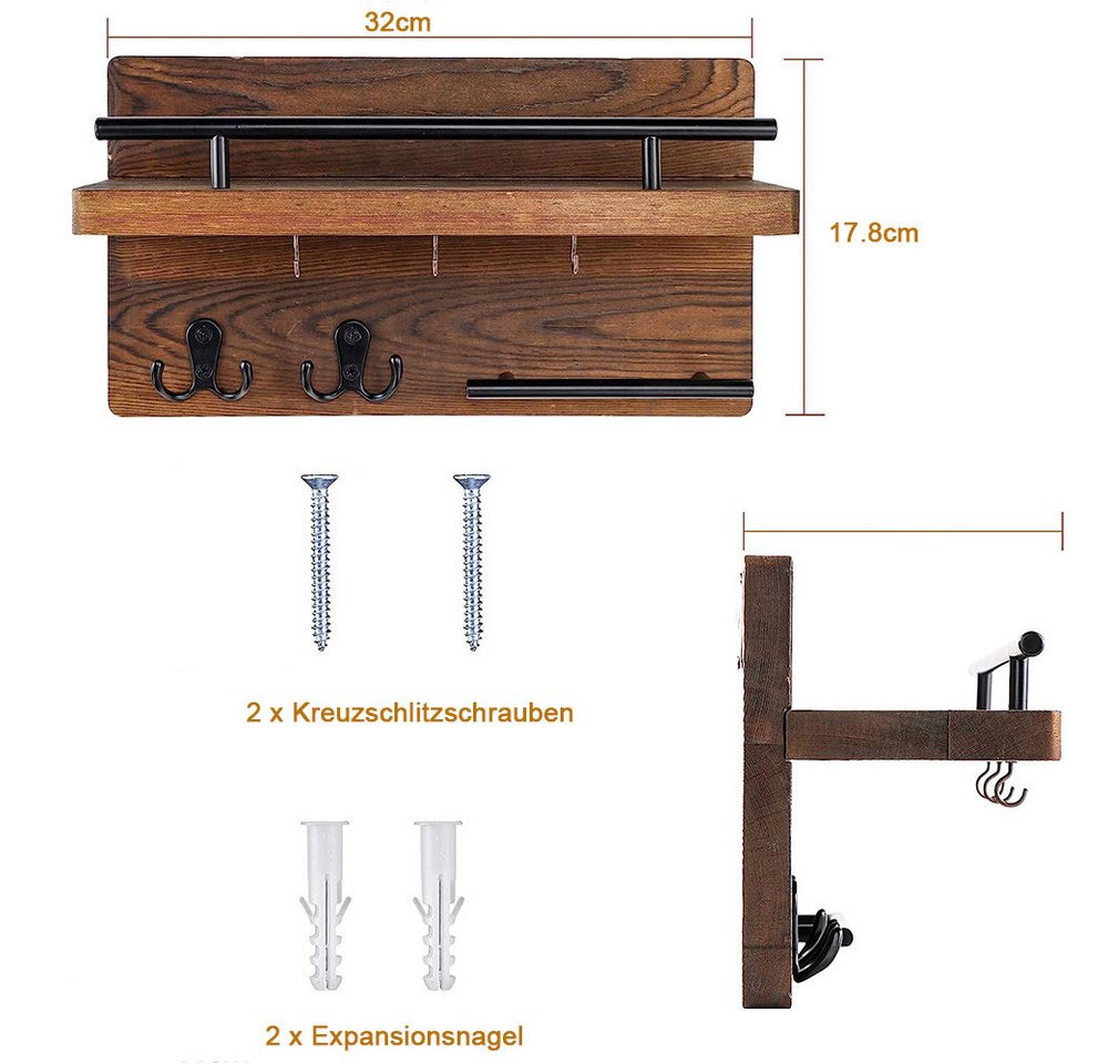 TUWENA Schlüsselbrett Schlüsselbrett mit Ablage, Dekoratives Holz Wandregal, Einfache Montage, vielseitige Aufbewahrungsmöglichkeiten – Bild 3 von 5