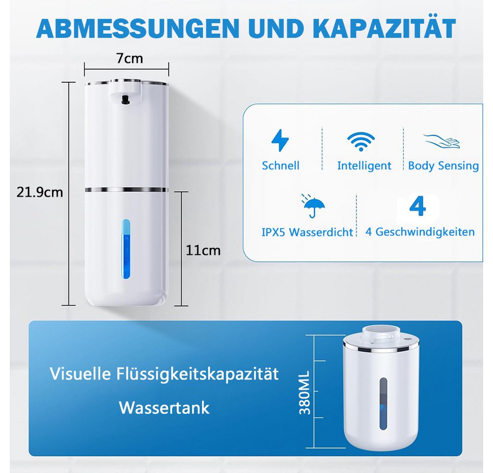 TUWENA Seifenspender Seifenspender Automatisch, 380ml Elektrischer Seifenspender mit Sensor, Wiederaufladbar Seifenspender, IPX5 Wasserdicht für Badezimmer Küch – Bild 2 von 5