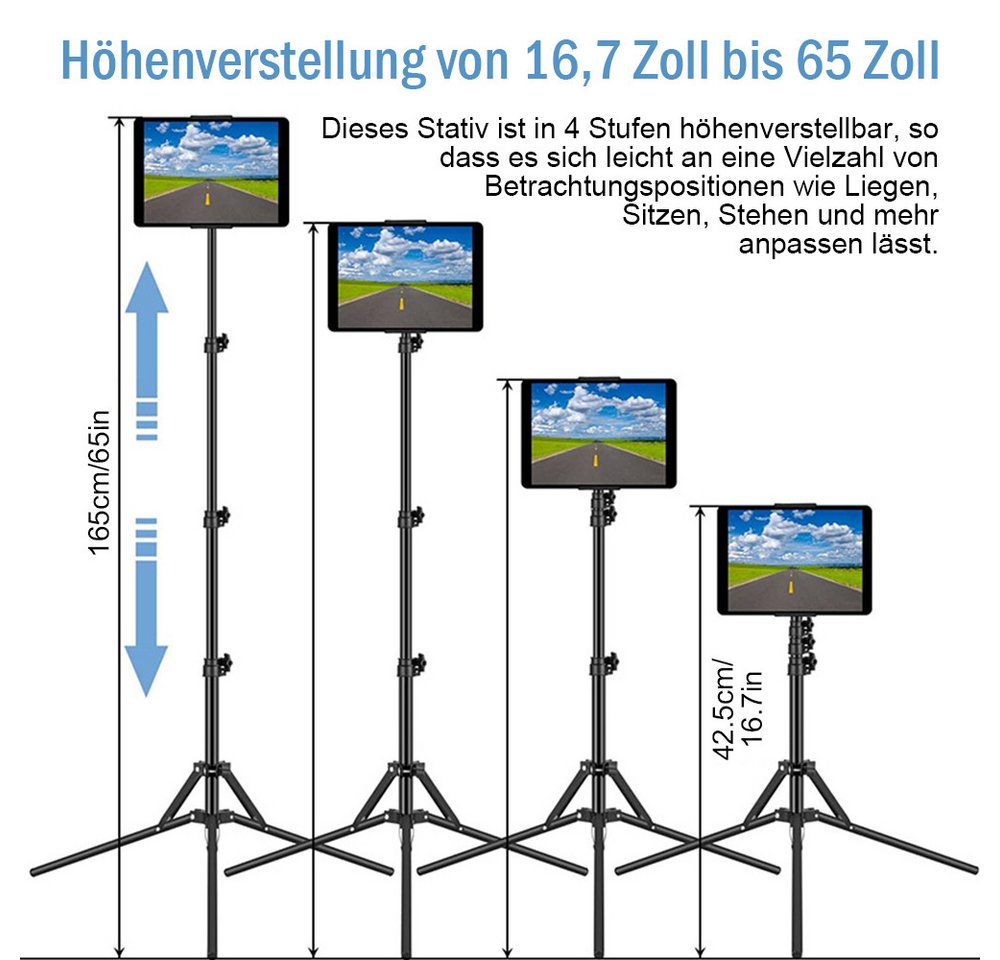 TUWENA Tablet-Halterung Tablet Halterung Stativ, Drehung Höhenverstellbar Tablet Bodenständer, (Höhenverstellbar bis 65” für iPad,iPhone und Alle 4,5-12.9 Zoll  – Bild 3 von 5