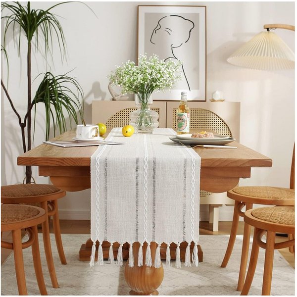 TUWENA Tischläufer Tischläufer,Landhausstil Tischdecke,Vintage Waschbar Tisch mit Fransen