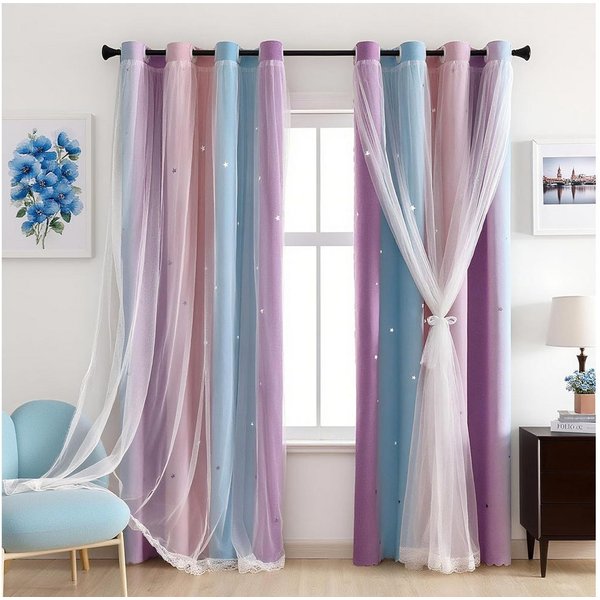 TUWENA Verdunkelungsvorhang Verdunkelungsvorhänge, Glänzend Sterne Vorhänge Farbverlauf 2er Set, Sterne Pattern Mix Weiß Voile Vorhänge mit Ösen Schlafzimmer Ga