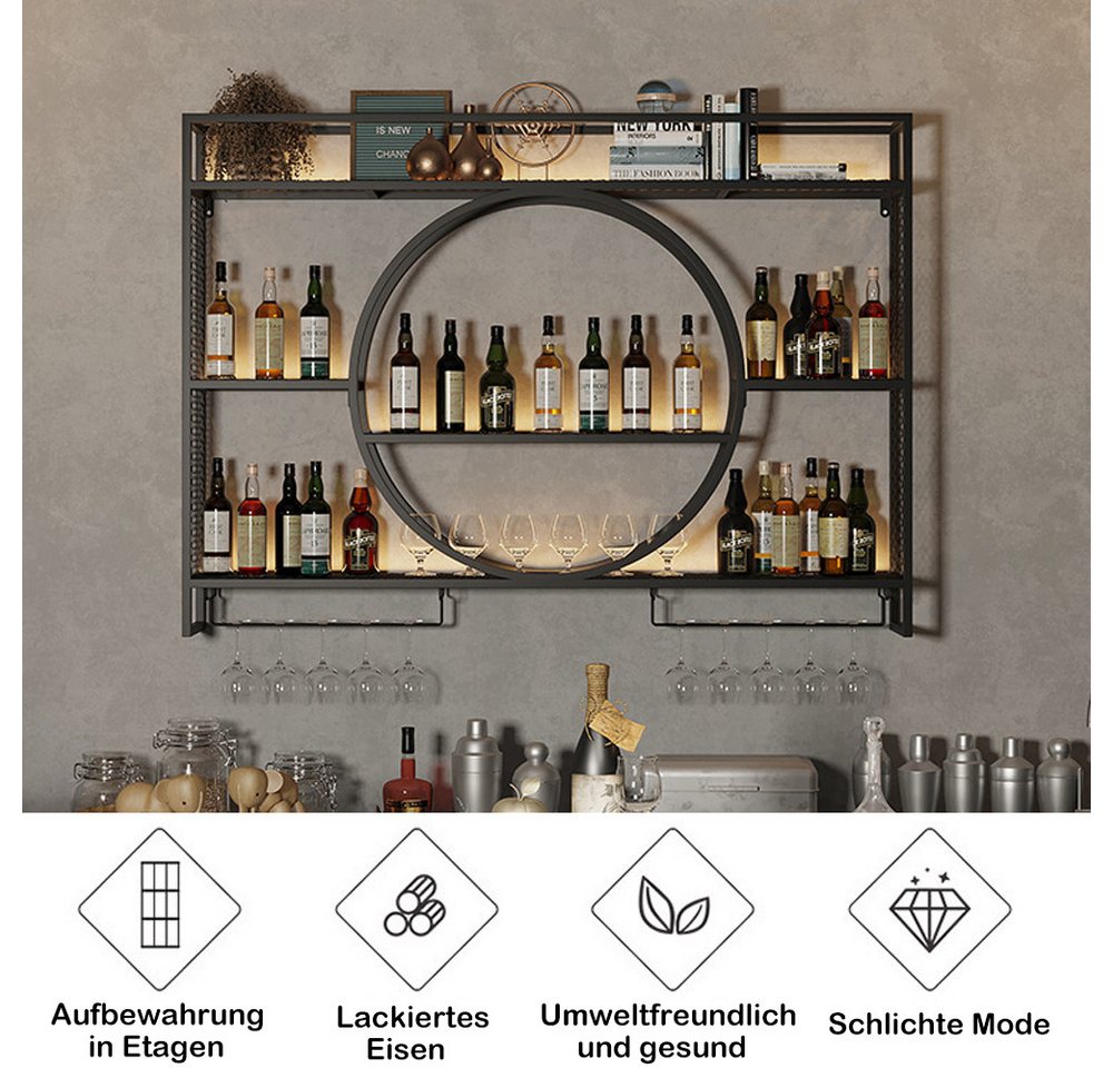 TUWENA Weinregal Weinregal Metall, Wandmontage 3-stöckiges Barregal, schwebende Regal, Küchenaufbewahrung mit Weinglashalter, für Küche, Esszimmer, Bar, Deko – Bild 4 von 5