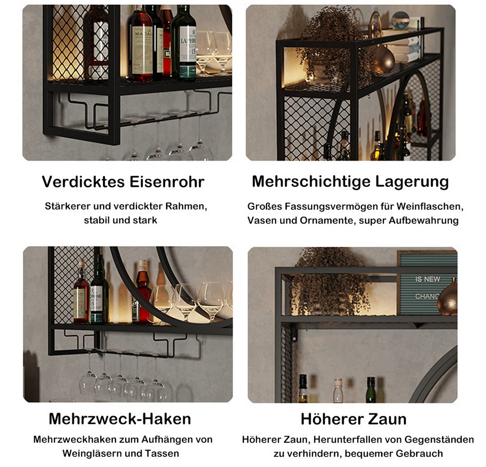 TUWENA Weinregal Weinregal Metall, Wandmontage 3-stöckiges Barregal, schwebende Regal, Küchenaufbewahrung mit Weinglashalter, für Küche, Esszimmer, Bar, Deko – Bild 3 von 5