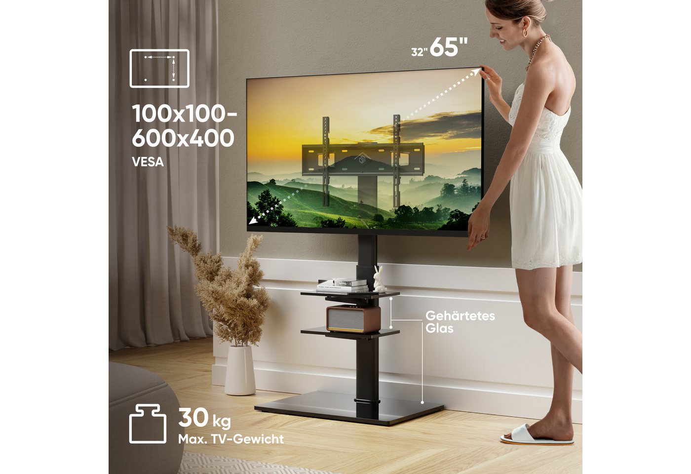 ONKRON TV-Ständer ONKRON 32"-65", 40 kg max, VESA 600x400, TS5550-B, (bis 65,00 Zoll, TS5550-BLK, TS5550-BLK, max. Belastbarkeit 30kg, Schwenkwinkel: +/- 25°, H – Bild 5 von 5