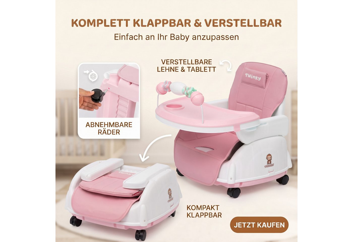 TWINKY Kinderklappstuhl Kinder-Esstuhl, 2 in 1 Hochstuhl baby, Kinderklappstuhl, 3 in 1 – Bild 2 von 5