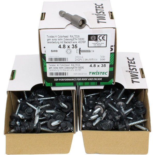 Twistec Blechschraube Trapezblechschrauben 4,8x35 mm RAL7016, 300 Stk. inkl. SW8+, (Inklusive Steckschlüssel (SW8), Integrierte EPDM-Dichtung, Selbstbohrende Sp