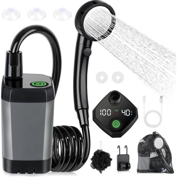 TWUFY Gartendusche Campingdusche mit Pumpe & wiederaufladbarem Akku 6000mAh (Camping Dusche Akku, Camping Dusche Tragbare Set mit Duschkopf und Schlauch, für Ga