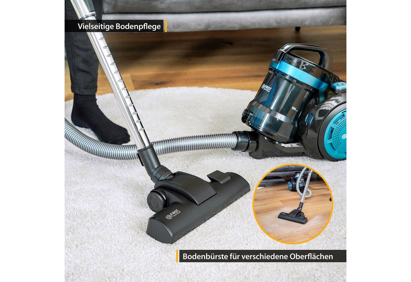 TZS FIRST AUSTRIA Bodenstaubsauger, 800 W, Beutellos, Sauger für Hart- und Teppichböden, 4,8m Kabellänge – Bild 5 von 5