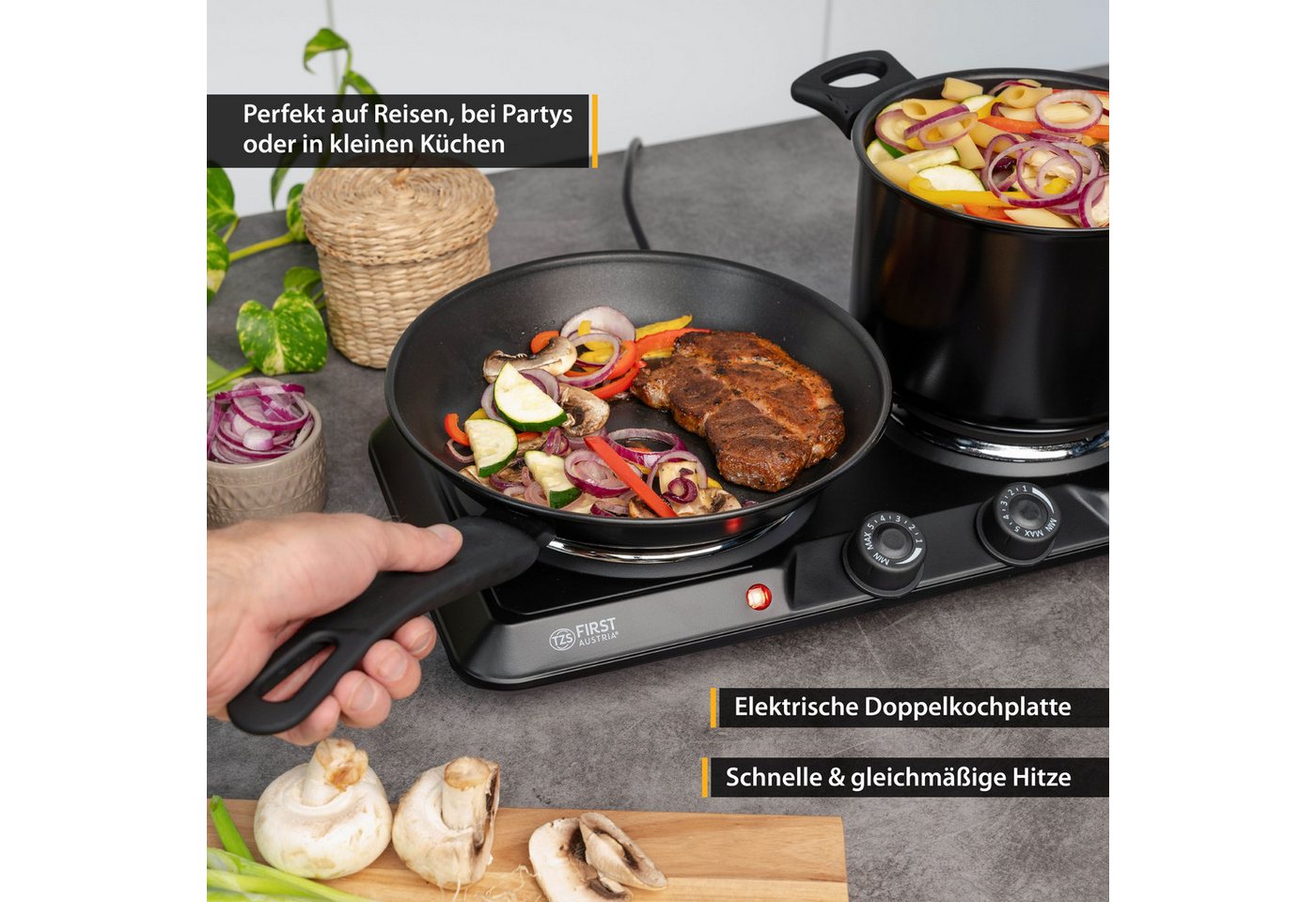 TZS FIRST AUSTRIA Doppelkochplatte 2500W, Gusseisen, 180 & 150 mm, Stufenlose Thermostatsteuerung, Mobile Herdplatte, Überhitzungsschutz, manuelle Bedienung – Bild 4 von 5