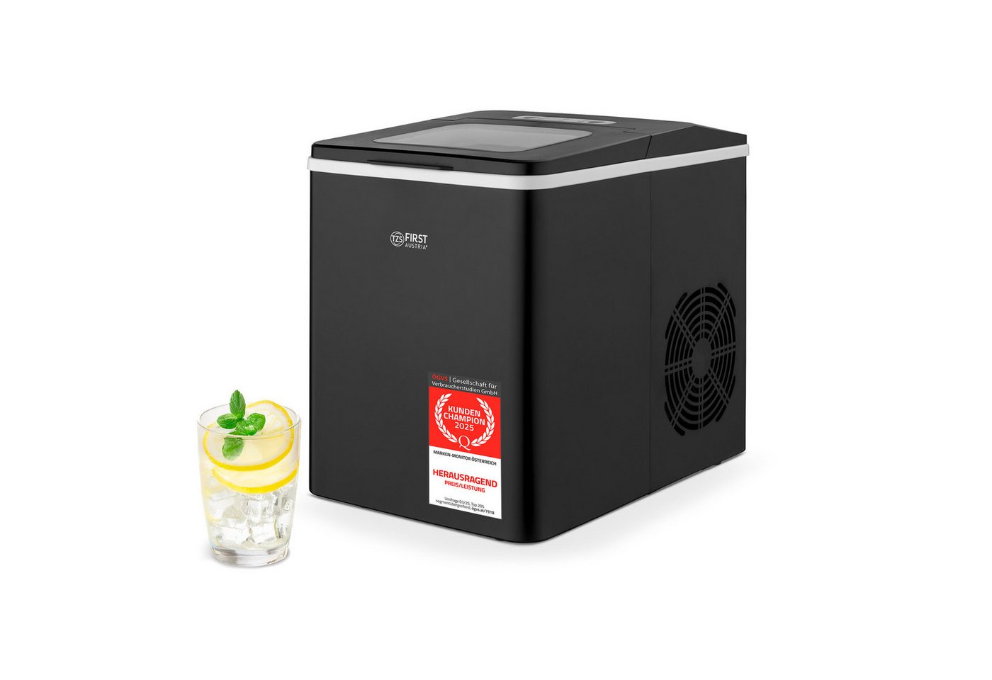 TZS FIRST AUSTRIA Eiswürfelmaschine 1,8L, 150W, Ice Cube Maker mit Kühlkompressor, 9 Eiswürfel in 7-9 Min, Würfel S/L, 12kg/24h Kapazität, abnehmbarer Korb, LED – Bild 2 von 5