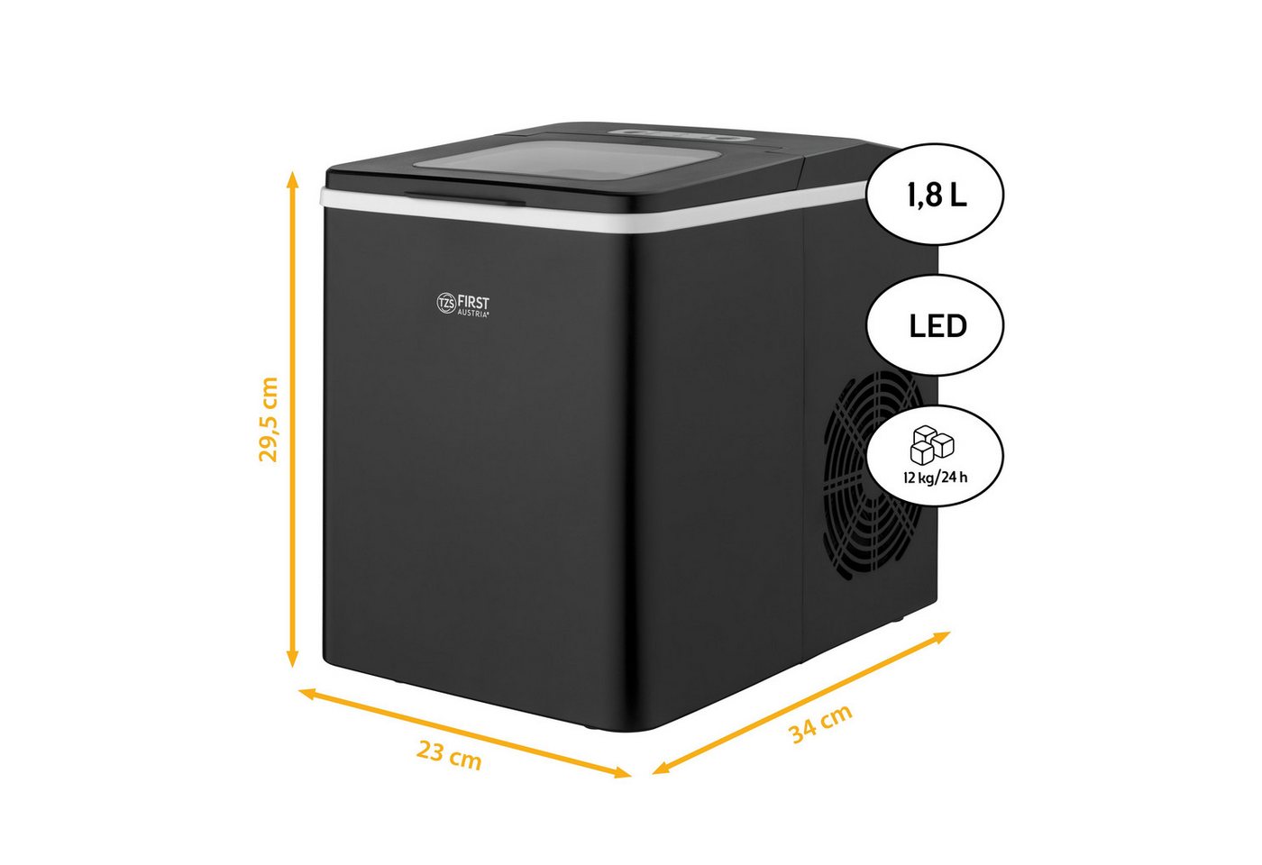 TZS FIRST AUSTRIA Eiswürfelmaschine 1,8L, 150W, Ice Cube Maker mit Kühlkompressor, 9 Eiswürfel in 7-9 Min, Würfel S/L, 12kg/24h Kapazität, abnehmbarer Korb, LED – Bild 3 von 5