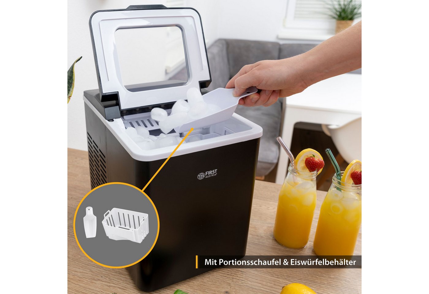 TZS FIRST AUSTRIA Eiswürfelmaschine 1,8L, 150W, Ice Cube Maker mit Kühlkompressor, 9 Eiswürfel in 7-9 Min, Würfel S/L, 12kg/24h Kapazität, abnehmbarer Korb, LED – Bild 4 von 5