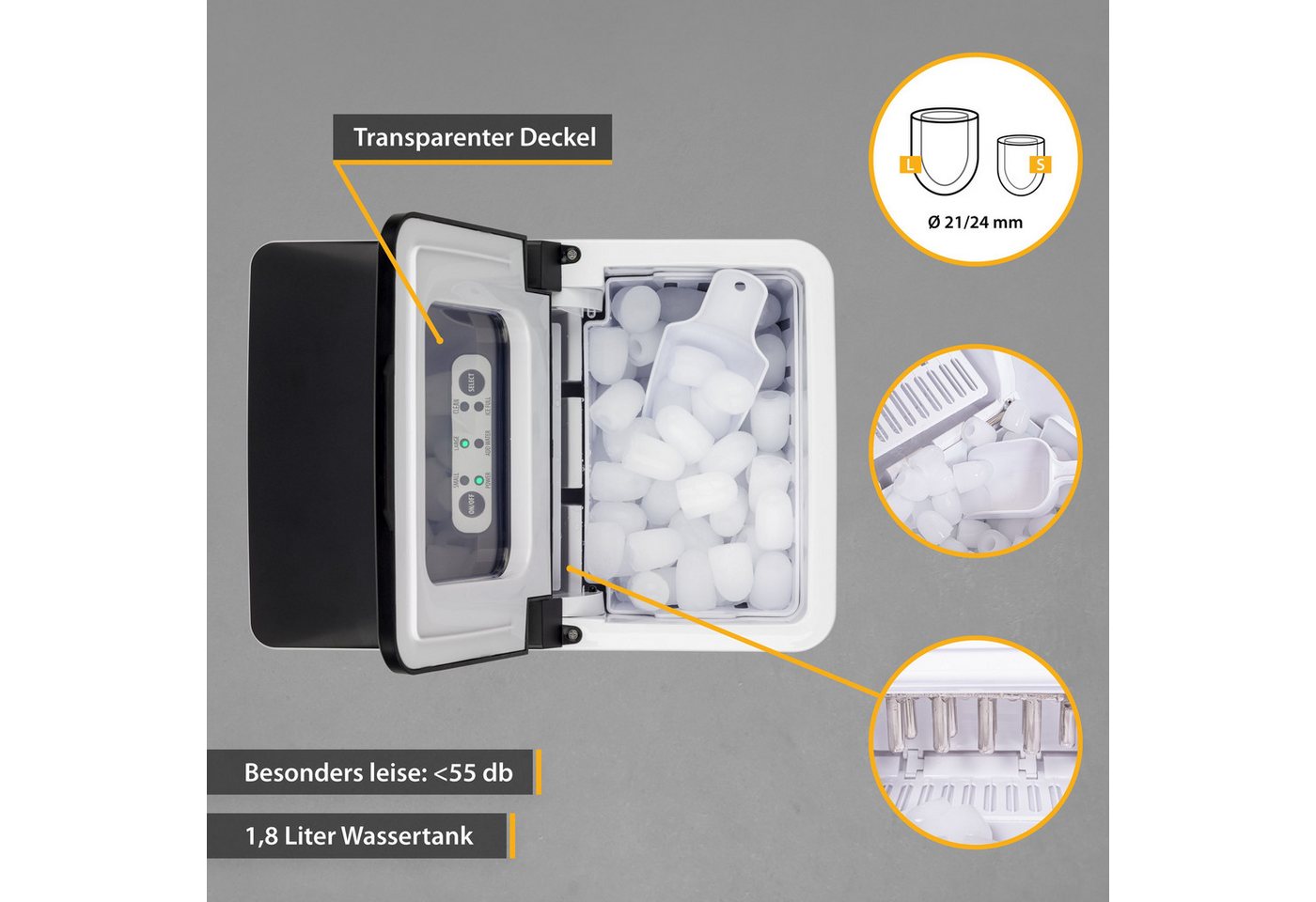 TZS FIRST AUSTRIA Eiswürfelmaschine 1,8L, 150W, Ice Cube Maker mit Kühlkompressor, 9 Eiswürfel in 7-9 Min, Würfel S/L, 12kg/24h Kapazität, abnehmbarer Korb, LED – Bild 5 von 5