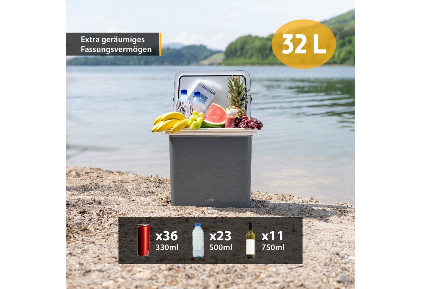 TZS FIRST AUSTRIA Elektrische Kühlbox 32L, Mini-Kühlschrank, 12V /230V Anschluss, 12-V-Stecker fürs Auto, für Camping, Festivals, Reisen, mit Kühl- und Warmhalt – Bild 4 von 5