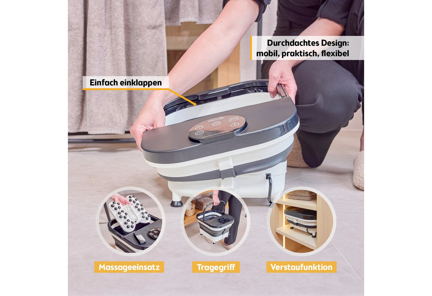 TZS FIRST AUSTRIA Fußmassagegerät 500W, Fußbad mit Fernbedienung & 6 Shiatsu-Rollen, Bis Größe 47, Faltbares Fußsprudelbad mit Heizfunktion, Timer & LED-Display – Bild 5 von 5