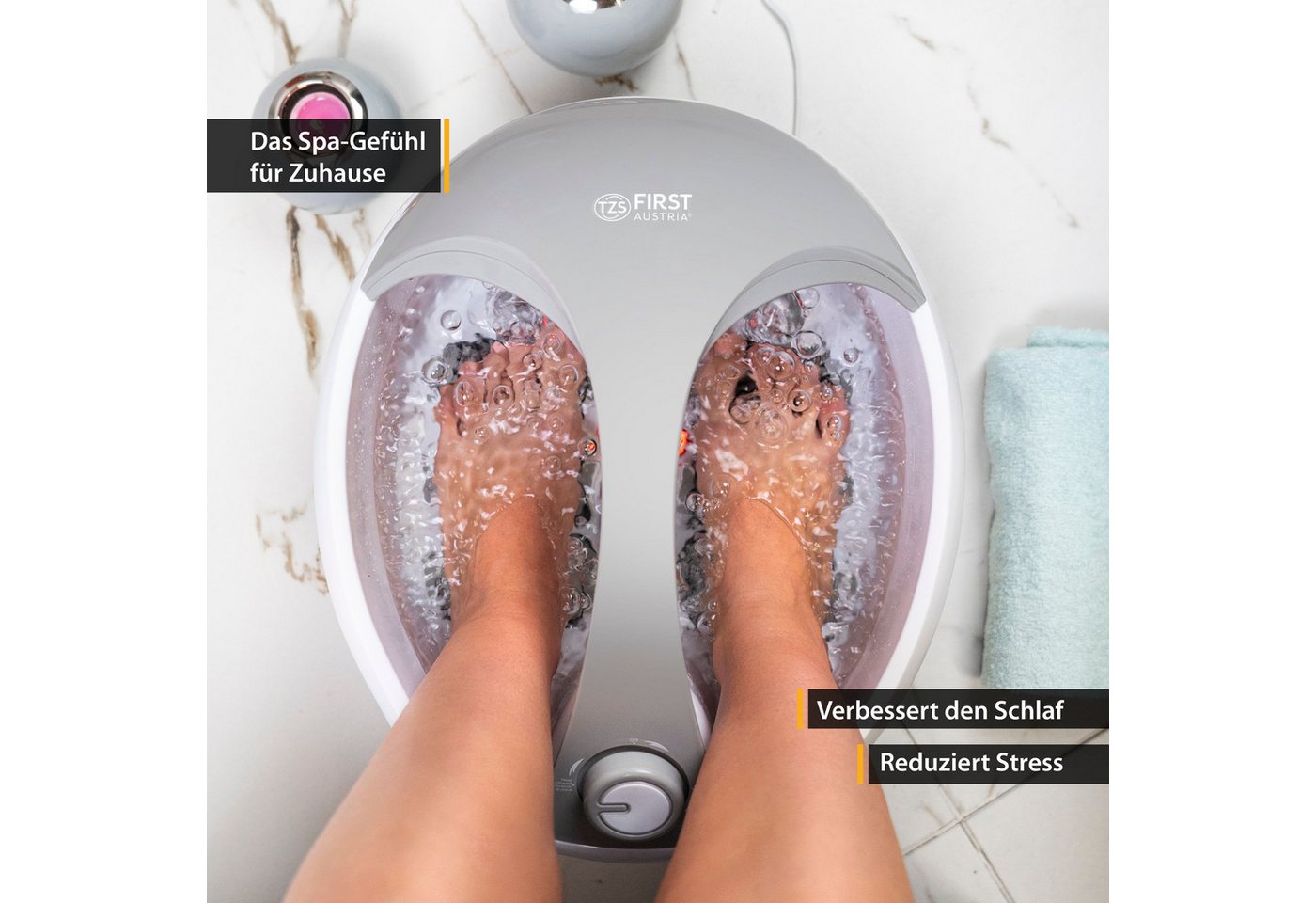 TZS FIRST AUSTRIA Fußmassagegerät mit Massagefunktion, 450W, bis 45°C, 6 Massagewalzen, Fußbad mit Infrarot- und Heizfunktion, Griff, Aromabox – Bild 4 von 5