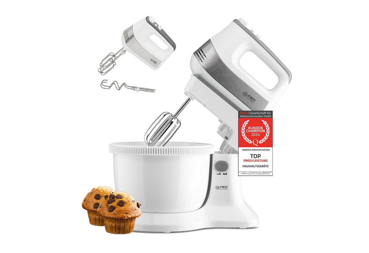 TZS FIRST AUSTRIA Handmixer mit Schüssel 3,5L, Küchen- und Knetmaschine 500W, 500 W, 1 Paar Knethaken, 2 Rührbesen, Rührschüssel – Bild 2 von 5