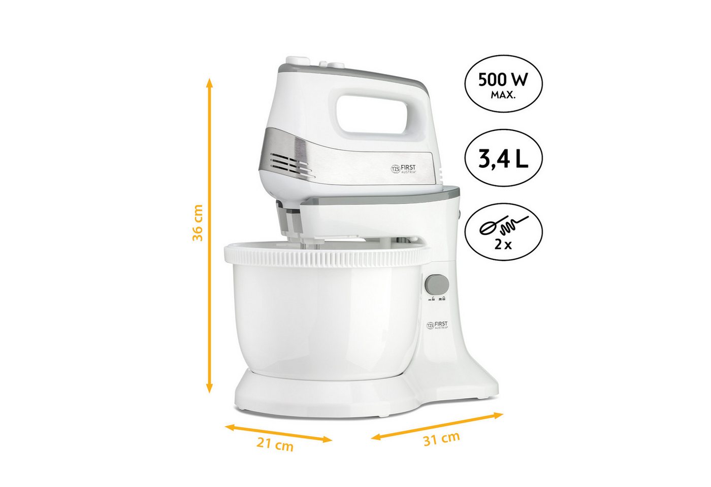 TZS FIRST AUSTRIA Handmixer mit Schüssel 3,5L, Küchen- und Knetmaschine 500W, 500 W, 1 Paar Knethaken, 2 Rührbesen, Rührschüssel – Bild 3 von 5