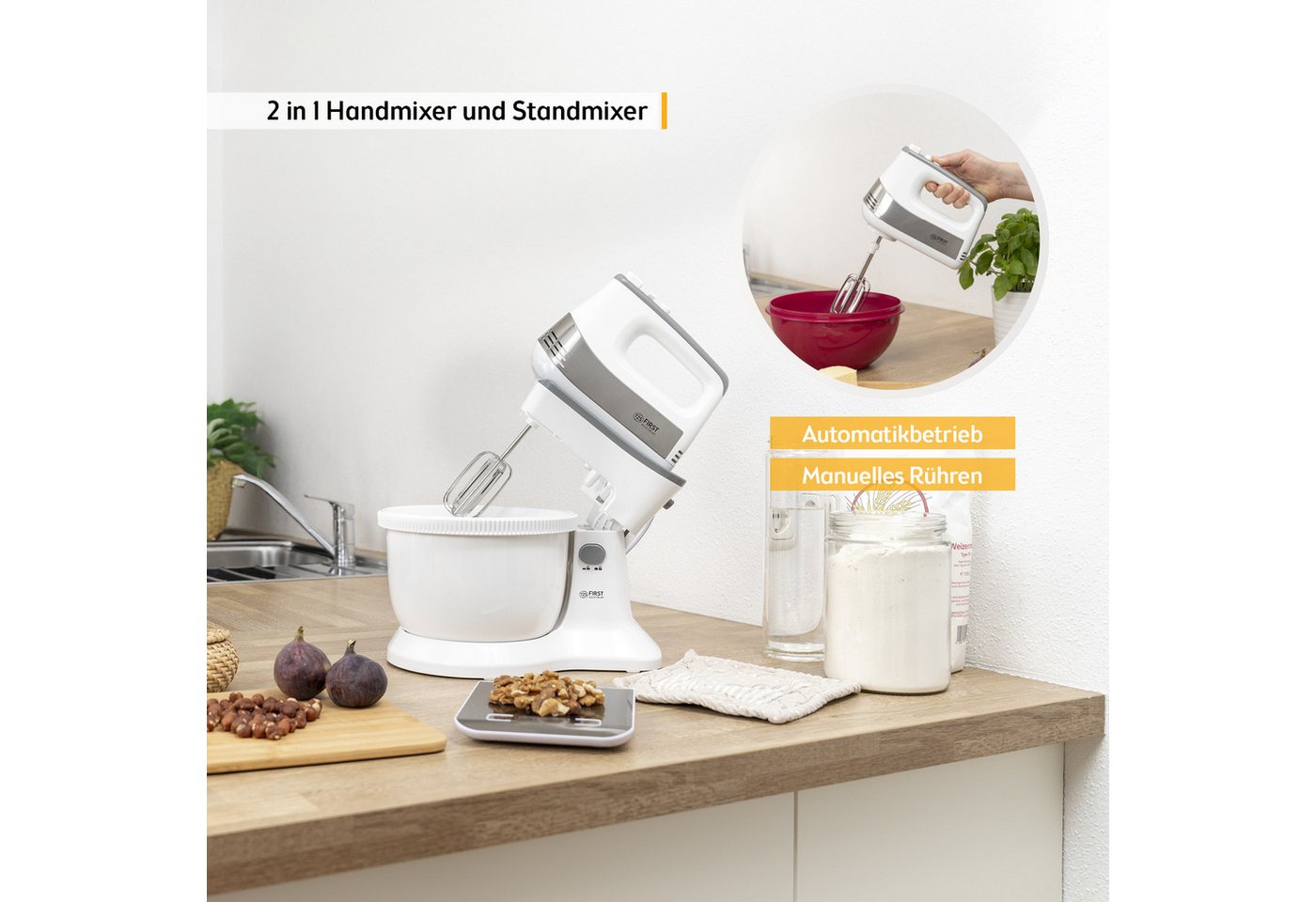 TZS FIRST AUSTRIA Handmixer mit Schüssel 3,5L, Küchen- und Knetmaschine 500W, 500 W, 1 Paar Knethaken, 2 Rührbesen, Rührschüssel – Bild 4 von 5