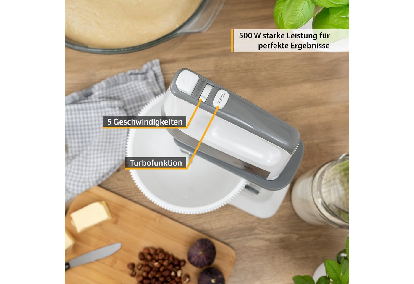 TZS FIRST AUSTRIA Handmixer mit Schüssel 3,5L, Küchen- und Knetmaschine 500W, 500 W, 1 Paar Knethaken, 2 Rührbesen, Rührschüssel – Bild 5 von 5