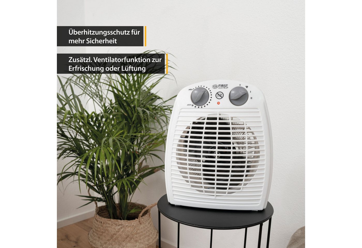 TZS FIRST AUSTRIA Heizlüfter Heizlüfter mit Kaltluftventilator, Thermostat, Überhitzungsschutz, 2 Heizstufen, Heizstrahler, Tragegriff, Weiß – Bild 4 von 5