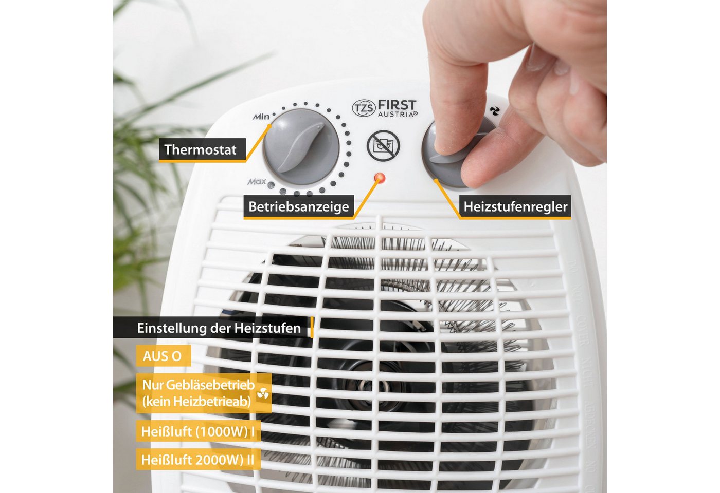 TZS FIRST AUSTRIA Heizlüfter Heizlüfter mit Kaltluftventilator, Thermostat, Überhitzungsschutz, 2 Heizstufen, Heizstrahler, Tragegriff, Weiß – Bild 5 von 5