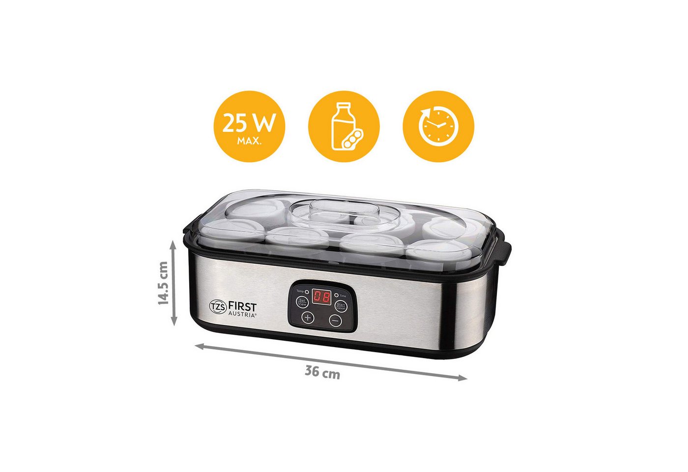 TZS FIRST AUSTRIA Joghurtbereiter Elektischer Joghurtbereiter, Joghurt Maker, 25 W, 8 Gläser, 190 ml, LCD-Display, Temperatureinstellung, Timer- und Auto-Stop-F – Bild 3 von 5