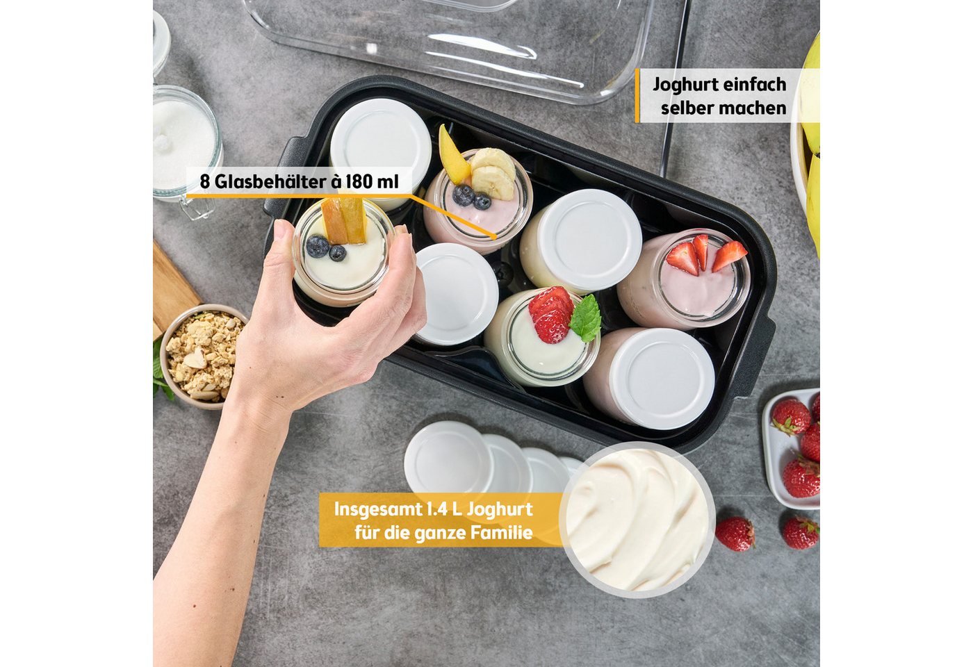 TZS FIRST AUSTRIA Joghurtbereiter Elektischer Joghurtbereiter, Joghurt Maker, 25 W, 8 Gläser, 190 ml, LCD-Display, Temperatureinstellung, Timer- und Auto-Stop-F – Bild 4 von 5