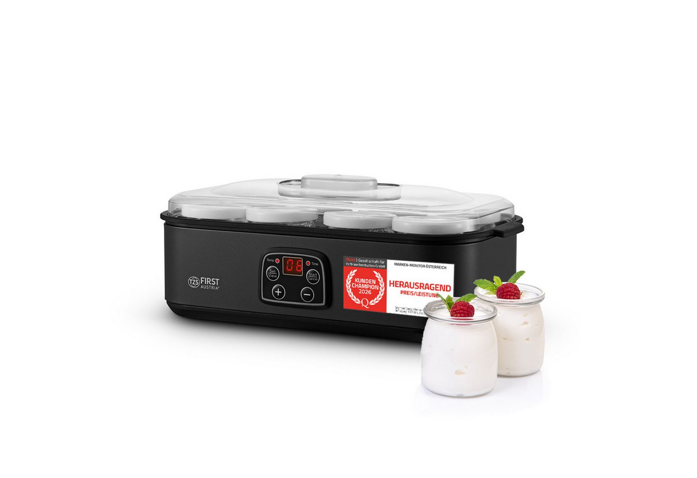 TZS FIRST AUSTRIA Joghurtbereiter mit 8 Glasbehältern à 180 ml, LED-Display, 20–55 °C, 48h-Timer, Temperatur bis 55 °C, Abschaltautomatik, LED-Display – Bild 2 von 5