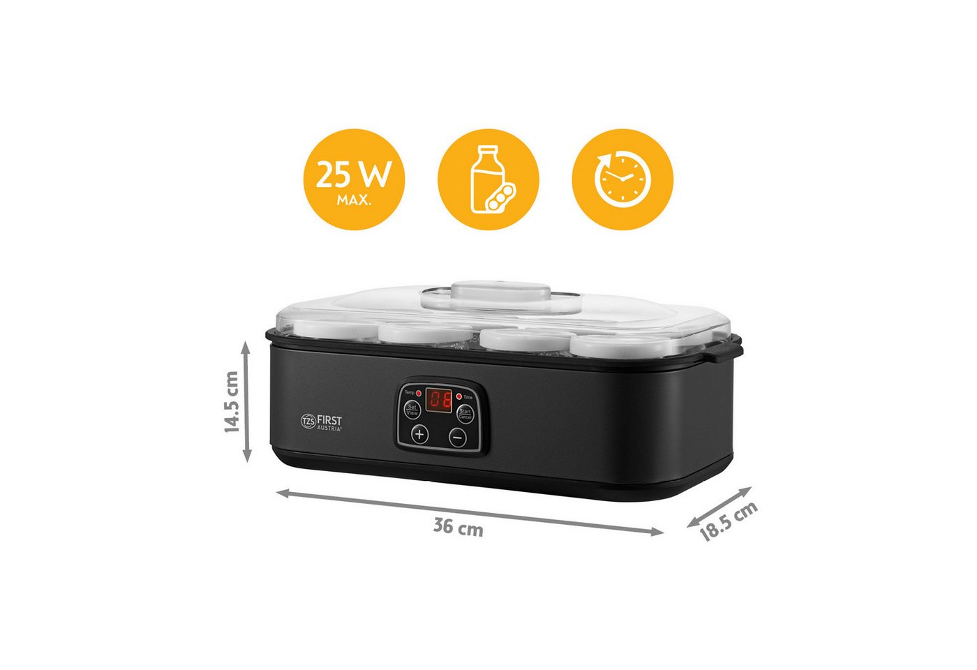 TZS FIRST AUSTRIA Joghurtbereiter mit 8 Glasbehältern à 180 ml, LED-Display, 20–55 °C, 48h-Timer, Temperatur bis 55 °C, Abschaltautomatik, LED-Display – Bild 3 von 5