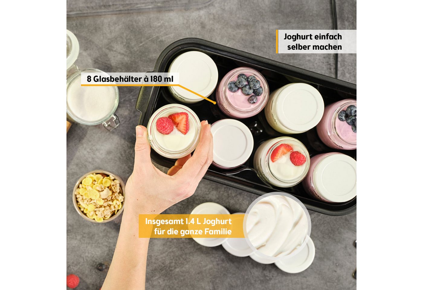 TZS FIRST AUSTRIA Joghurtbereiter mit 8 Glasbehältern à 180 ml, LED-Display, 20–55 °C, 48h-Timer, Temperatur bis 55 °C, Abschaltautomatik, LED-Display – Bild 4 von 5