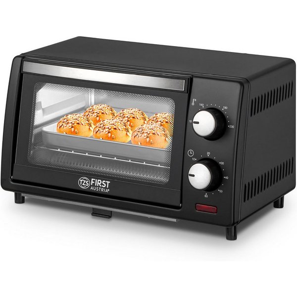 TZS FIRST AUSTRIA Minibackofen 10L 800W, stufenlose Temperaturregelung bis 230°C, 60 Min Timer, 2 Einschubhöhen, Doppelglastür, Grillrost
