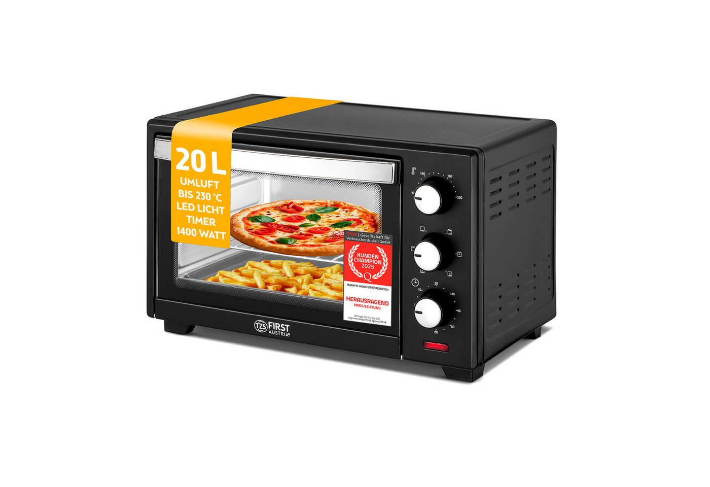 TZS FIRST AUSTRIA Minibackofen 20L 1380W, stufenlose Temperaturregelung bis 230°C, 60 Min Timer, 3 Einschubhöhen, Doppelglastür, Umluftfunktion – Bild 2 von 5