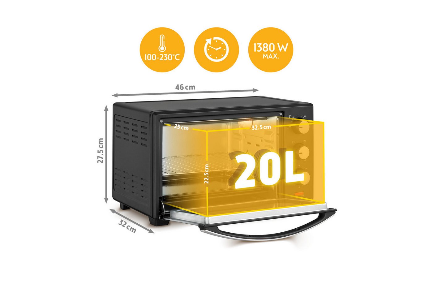 TZS FIRST AUSTRIA Minibackofen 20L 1380W, stufenlose Temperaturregelung bis 230°C, 60 Min Timer, 3 Einschubhöhen, Doppelglastür, Umluftfunktion – Bild 3 von 5