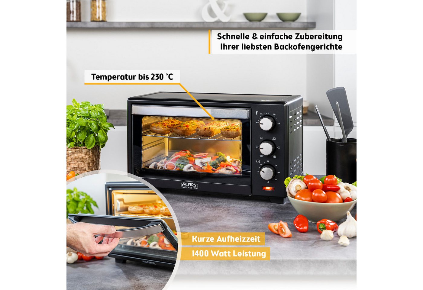 TZS FIRST AUSTRIA Minibackofen 20L 1380W, stufenlose Temperaturregelung bis 230°C, 60 Min Timer, 3 Einschubhöhen, Doppelglastür, Umluftfunktion – Bild 4 von 5