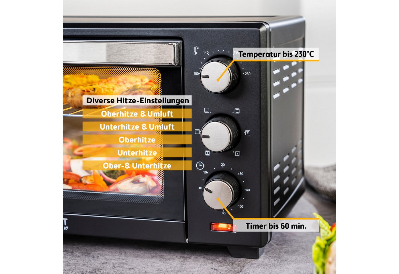 TZS FIRST AUSTRIA Minibackofen 20L 1380W, stufenlose Temperaturregelung bis 230°C, 60 Min Timer, 3 Einschubhöhen, Doppelglastür, Umluftfunktion – Bild 5 von 5