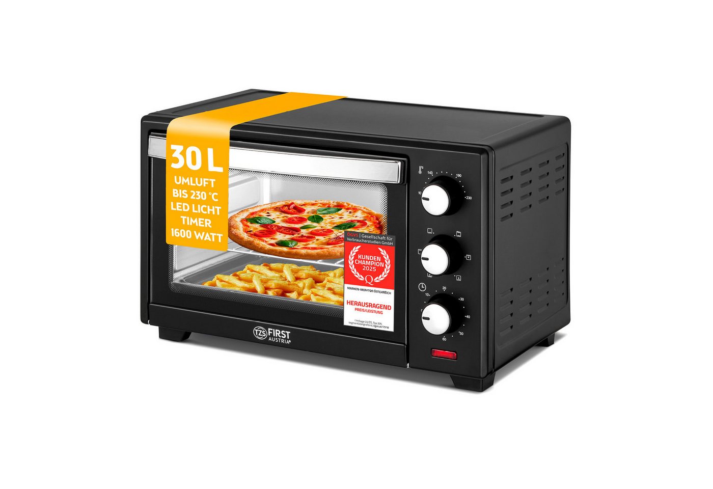 TZS FIRST AUSTRIA Minibackofen 30L 1600W, stufenlose Temperaturregelung bis 230°C, 60 Min Timer, 3 Einschubhöhen, Doppelglastür, Umluftfunktion – Bild 2 von 5
