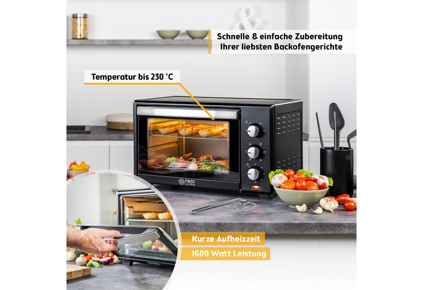TZS FIRST AUSTRIA Minibackofen 30L 1600W, stufenlose Temperaturregelung bis 230°C, 60 Min Timer, 3 Einschubhöhen, Doppelglastür, Umluftfunktion – Bild 4 von 5