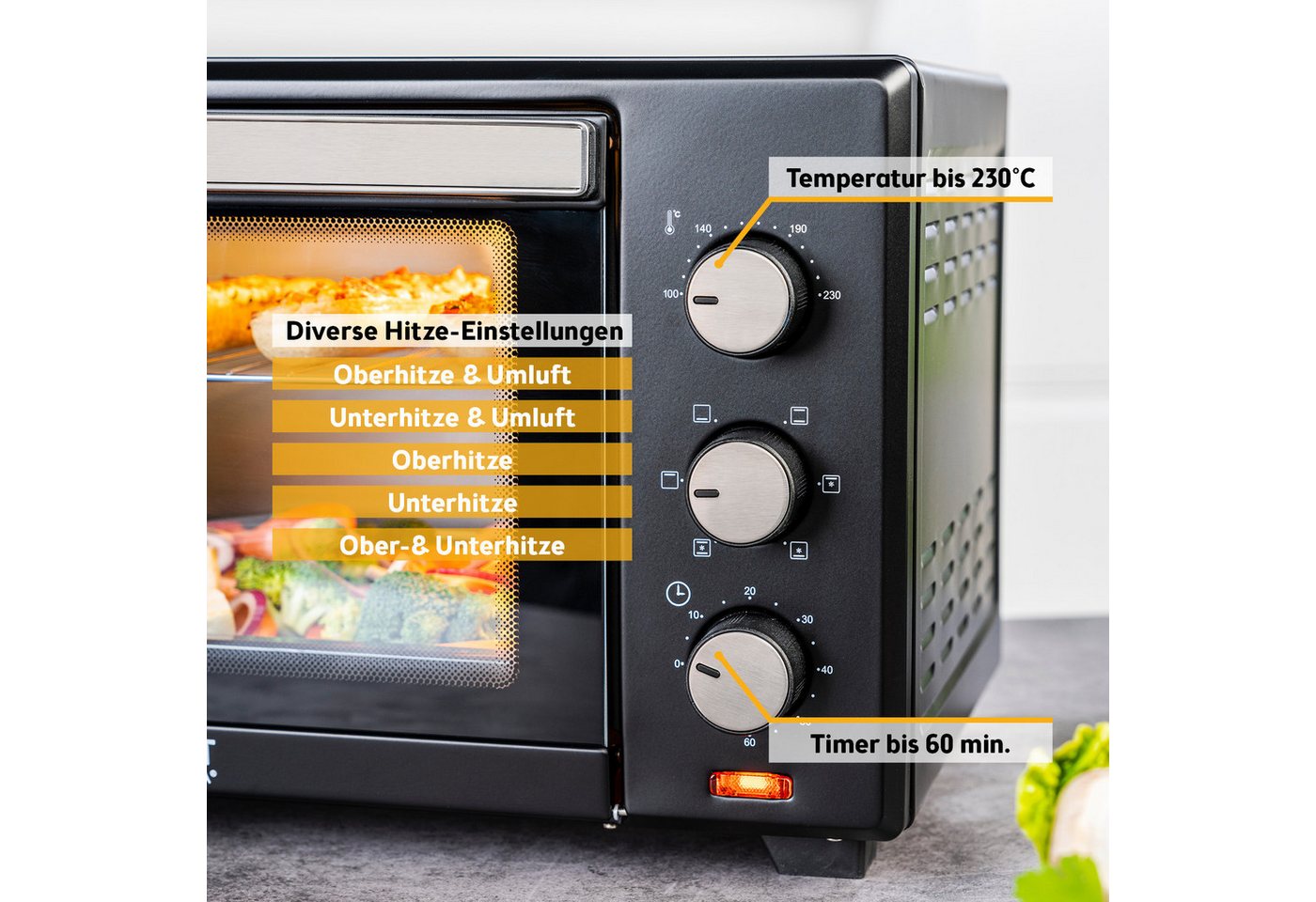 TZS FIRST AUSTRIA Minibackofen 30L 1600W, stufenlose Temperaturregelung bis 230°C, 60 Min Timer, 3 Einschubhöhen, Doppelglastür, Umluftfunktion – Bild 5 von 5