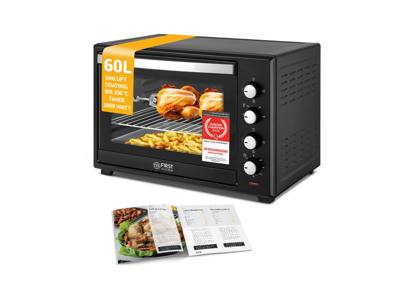 TZS FIRST AUSTRIA Minibackofen 60L 2000W, Premium-X Coating, Temperaturregelung bis 230°C, 60 Min Timer, 4 Einschubhöhen, Umluftfunktion, Backofenbeleuchtung – Bild 2 von 5