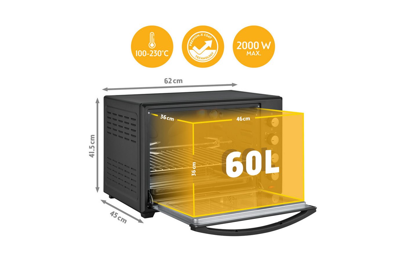 TZS FIRST AUSTRIA Minibackofen 60L 2000W, Premium-X Coating, Temperaturregelung bis 230°C, 60 Min Timer, 4 Einschubhöhen, Umluftfunktion, Backofenbeleuchtung – Bild 3 von 5