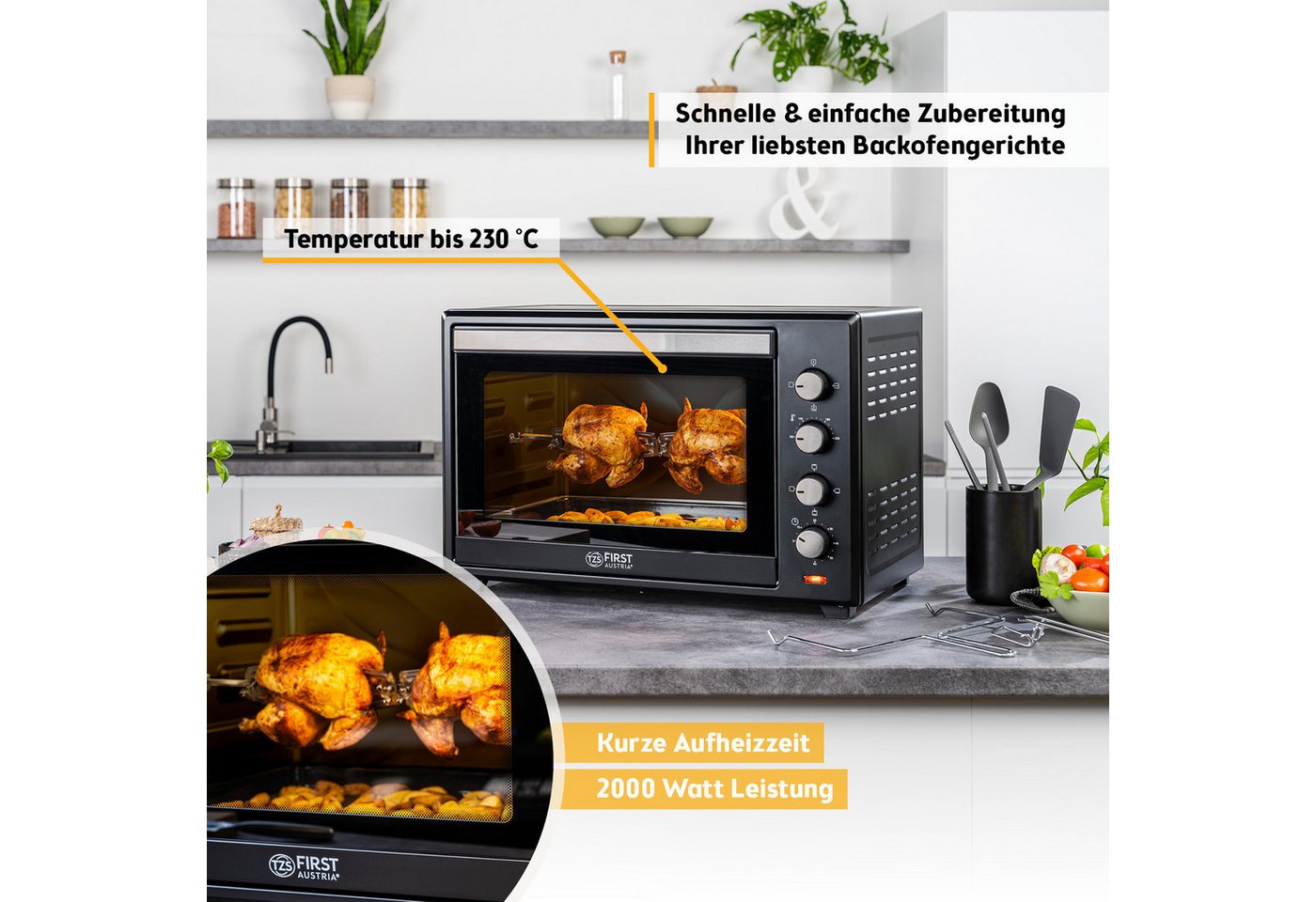 TZS FIRST AUSTRIA Minibackofen 60L 2000W, Premium-X Coating, Temperaturregelung bis 230°C, 60 Min Timer, 4 Einschubhöhen, Umluftfunktion, Backofenbeleuchtung – Bild 4 von 5