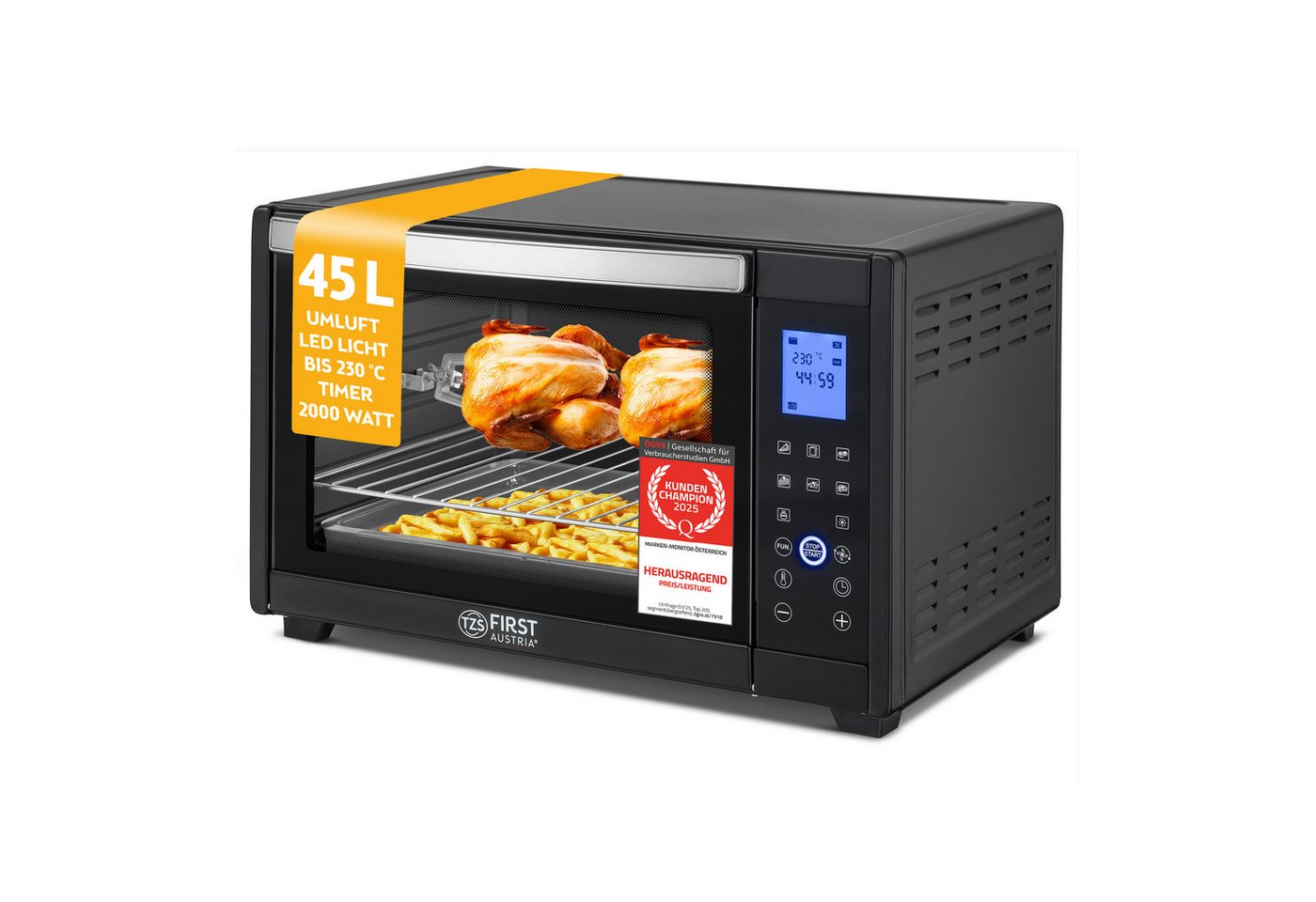 TZS FIRST AUSTRIA Minibackofen Digital 45L, 2000W, Antihaftbeschichtung,Temperaturregelung, Umluft, 40-230°C, 180 Min. Timer, Doppelverglasung, Drehspieß & Krüm – Bild 2 von 5