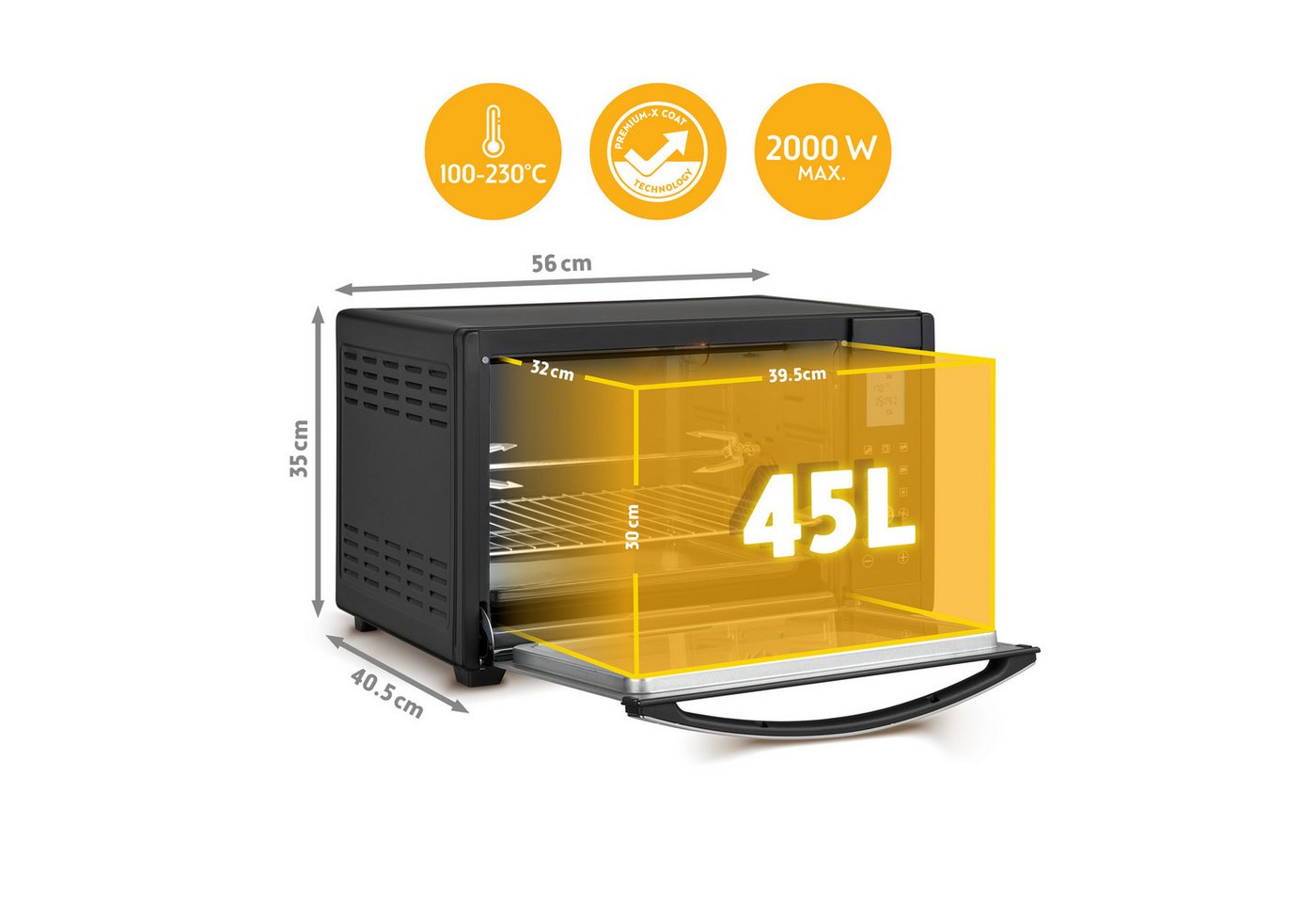 TZS FIRST AUSTRIA Minibackofen Digital 45L, 2000W, Antihaftbeschichtung,Temperaturregelung, Umluft, 40-230°C, 180 Min. Timer, Doppelverglasung, Drehspieß & Krüm – Bild 3 von 5