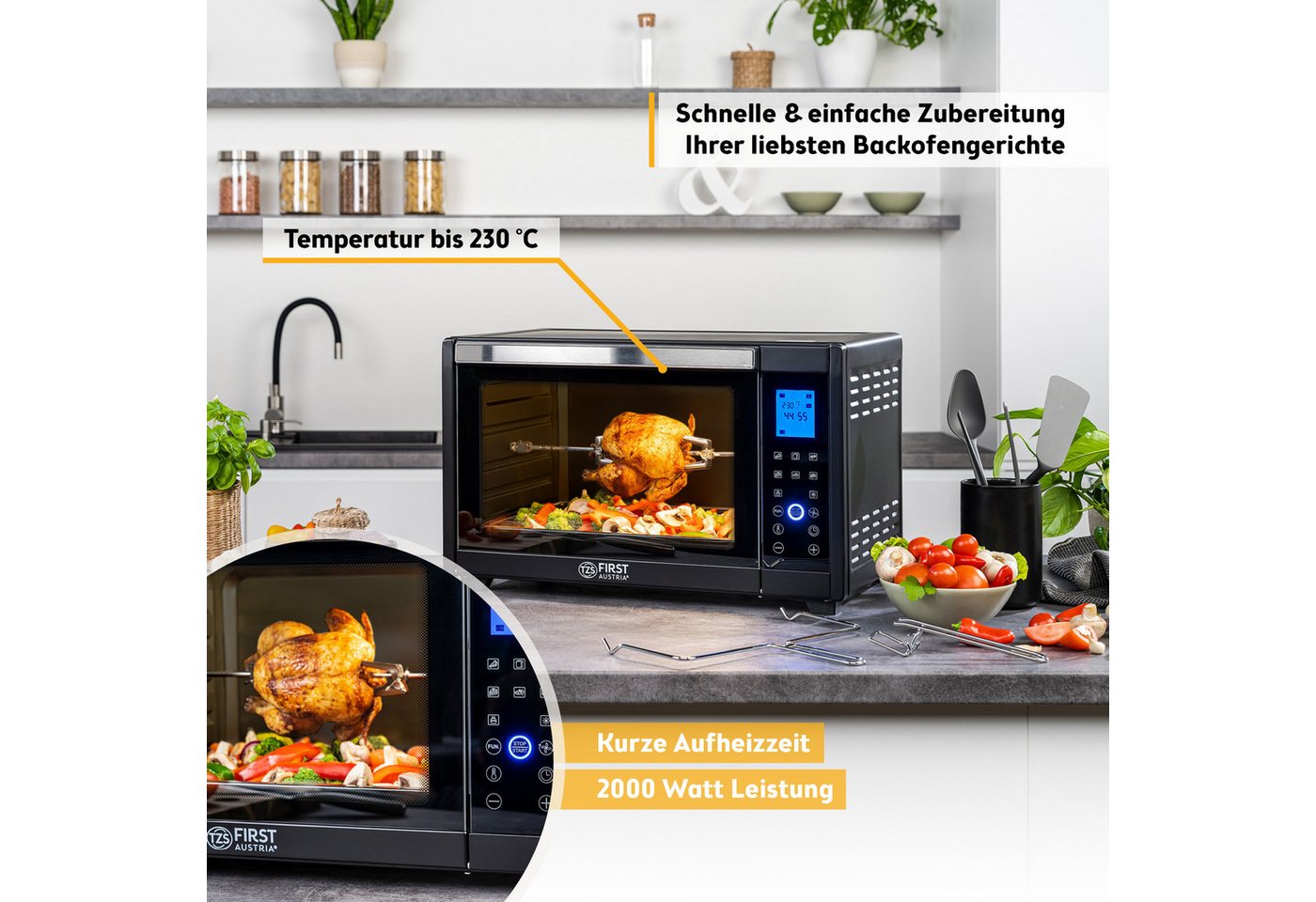 TZS FIRST AUSTRIA Minibackofen Digital 45L, 2000W, Antihaftbeschichtung,Temperaturregelung, Umluft, 40-230°C, 180 Min. Timer, Doppelverglasung, Drehspieß & Krüm – Bild 4 von 5