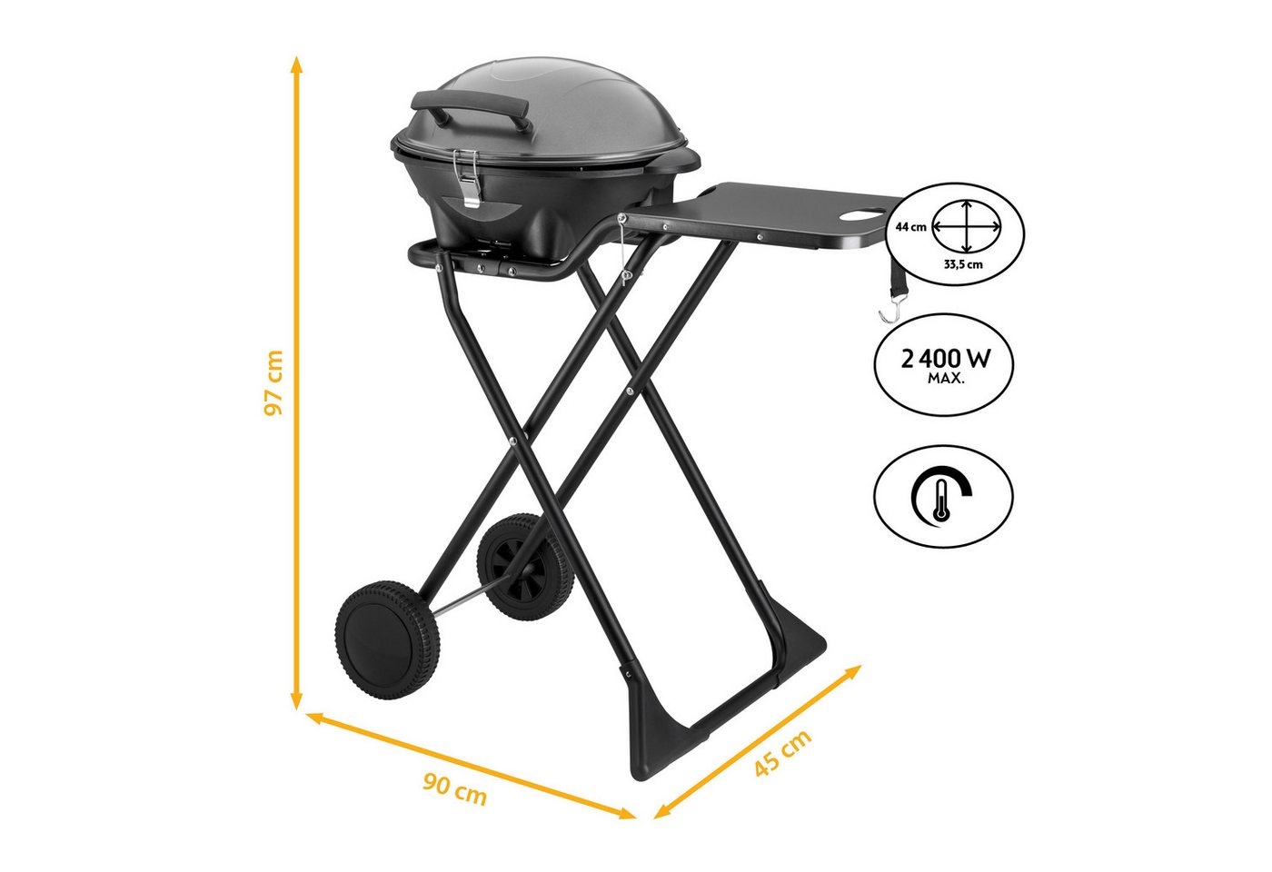 TZS FIRST AUSTRIA Standgrill 2in1 2400W, Elektrisch & Klappbar, Trolley-Grill mit Thermometer, 2400 W, Standgrill mit Windschutzhaube, 2,9m Kabel und Antihaft-G – Bild 3 von 5
