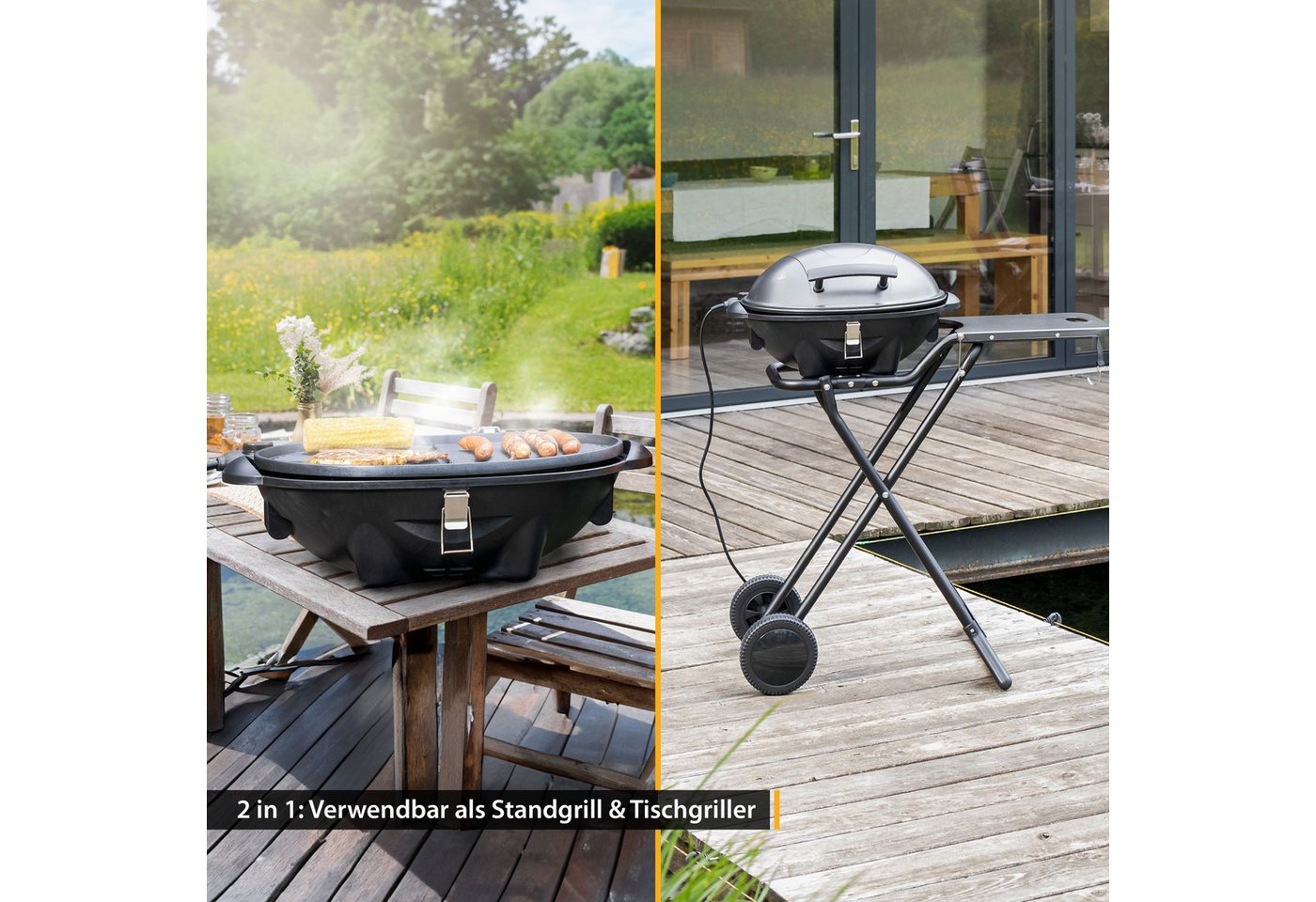 TZS FIRST AUSTRIA Standgrill 2in1 2400W, Elektrisch & Klappbar, Trolley-Grill mit Thermometer, 2400 W, Standgrill mit Windschutzhaube, 2,9m Kabel und Antihaft-G – Bild 4 von 5