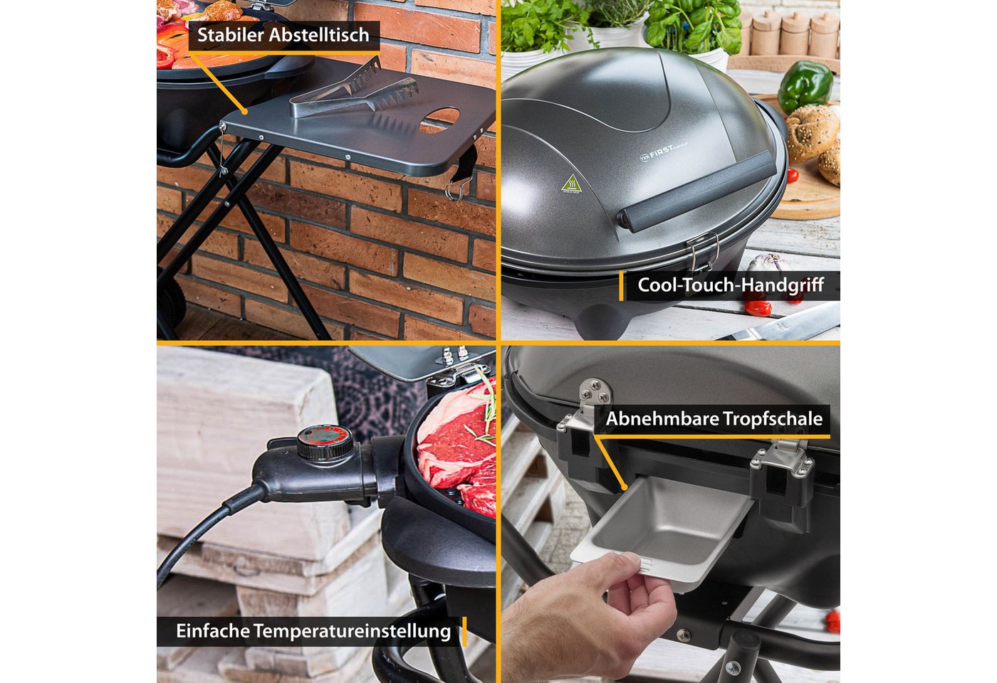TZS FIRST AUSTRIA Standgrill 2in1 2400W, Elektrisch & Klappbar, Trolley-Grill mit Thermometer, 2400 W, Standgrill mit Windschutzhaube, 2,9m Kabel und Antihaft-G – Bild 5 von 5